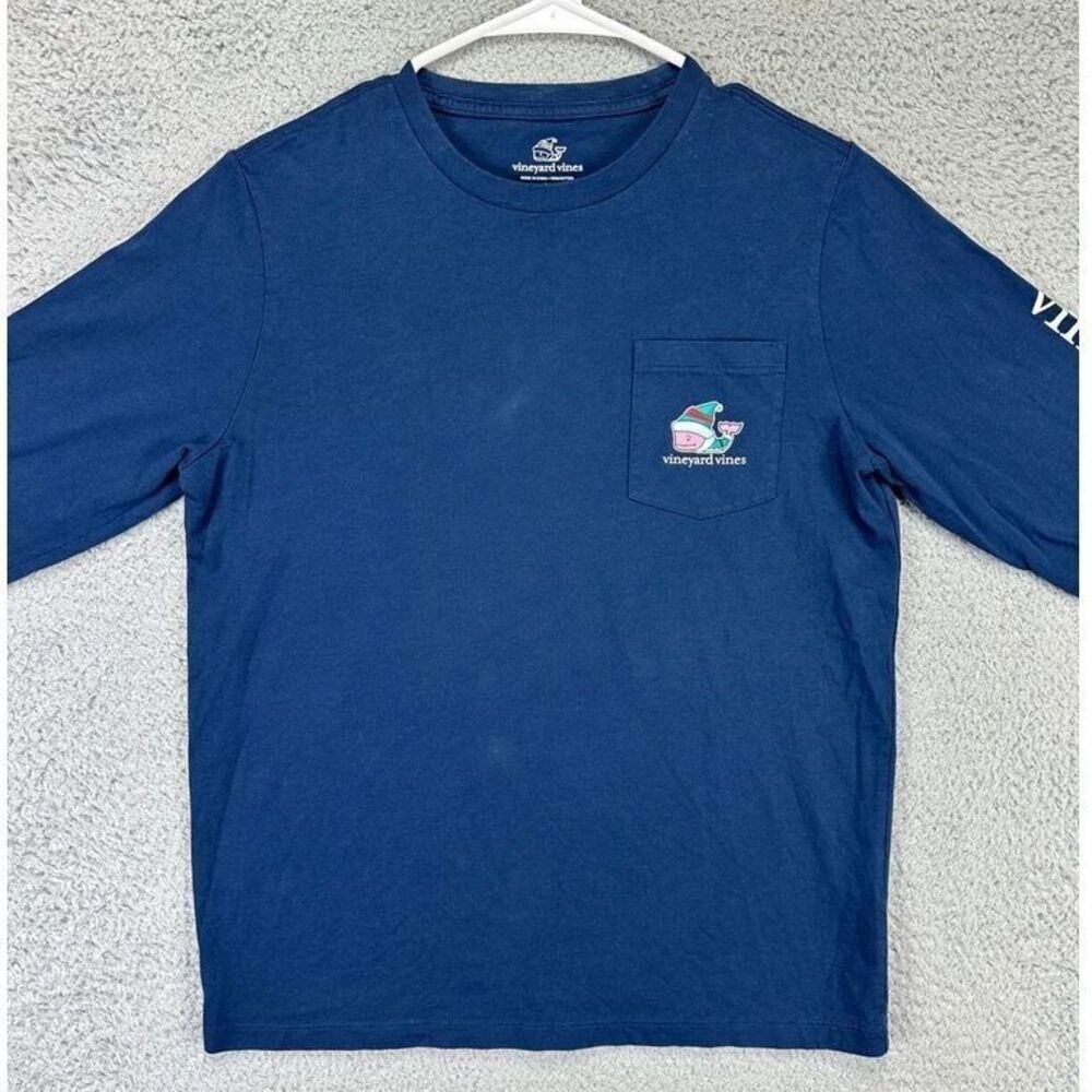 Vineyard Vines T-Shirt Boys Large Navy Whale Christmas Santa Long Sleeve Youth